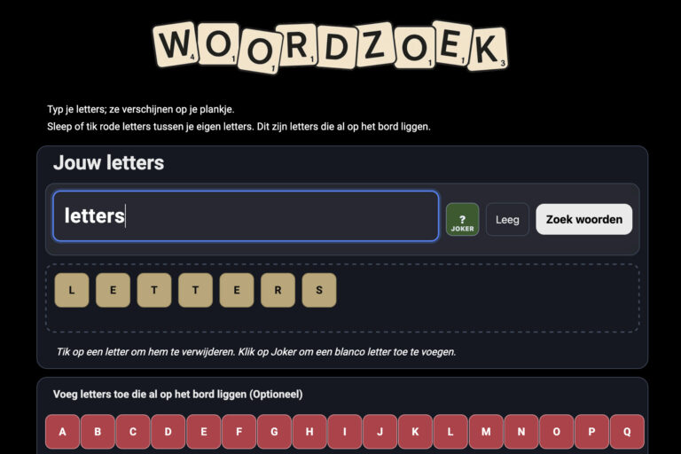 Letters invoeren in Woordzoek.nl – Vind woorden voor Scrabble en Wordfeud Letters invoeren in Woordzoek.nl, de online woordenhulp voor Scrabble en Wordfeud.