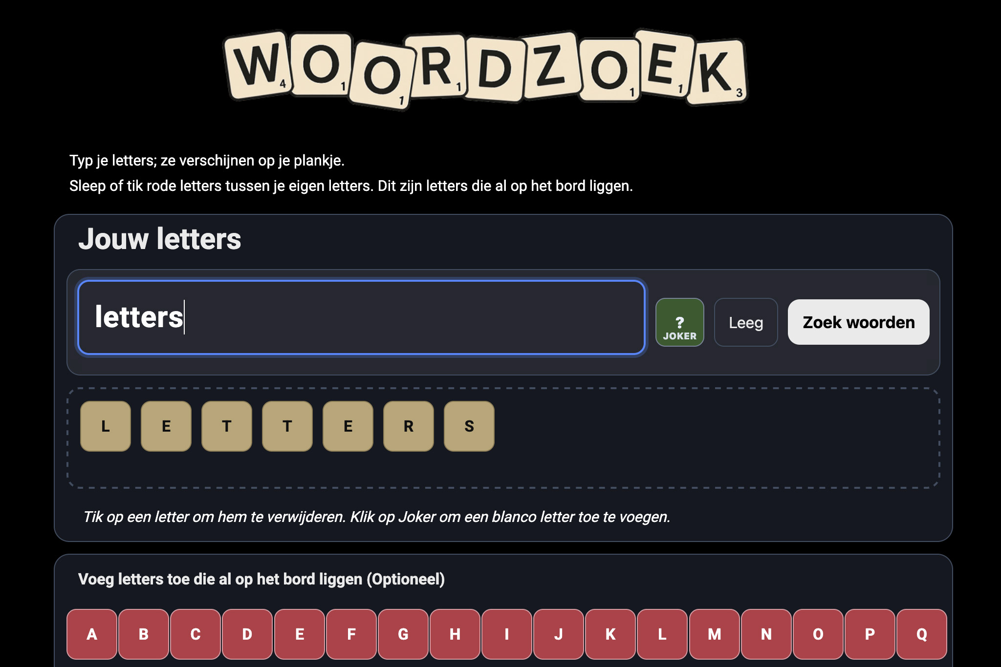 Letters invoeren in Woordzoek.nl, de online woordenhulp voor Scrabble en Wordfeud.