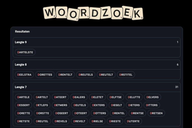 Bekijk woordenresultaten – Vind snel Scrabble en Wordfeud woorden | Woordzoek.nl Overzicht met gevonden woorden in Woordzoek.nl met rode bordletters gemarkeerd.
