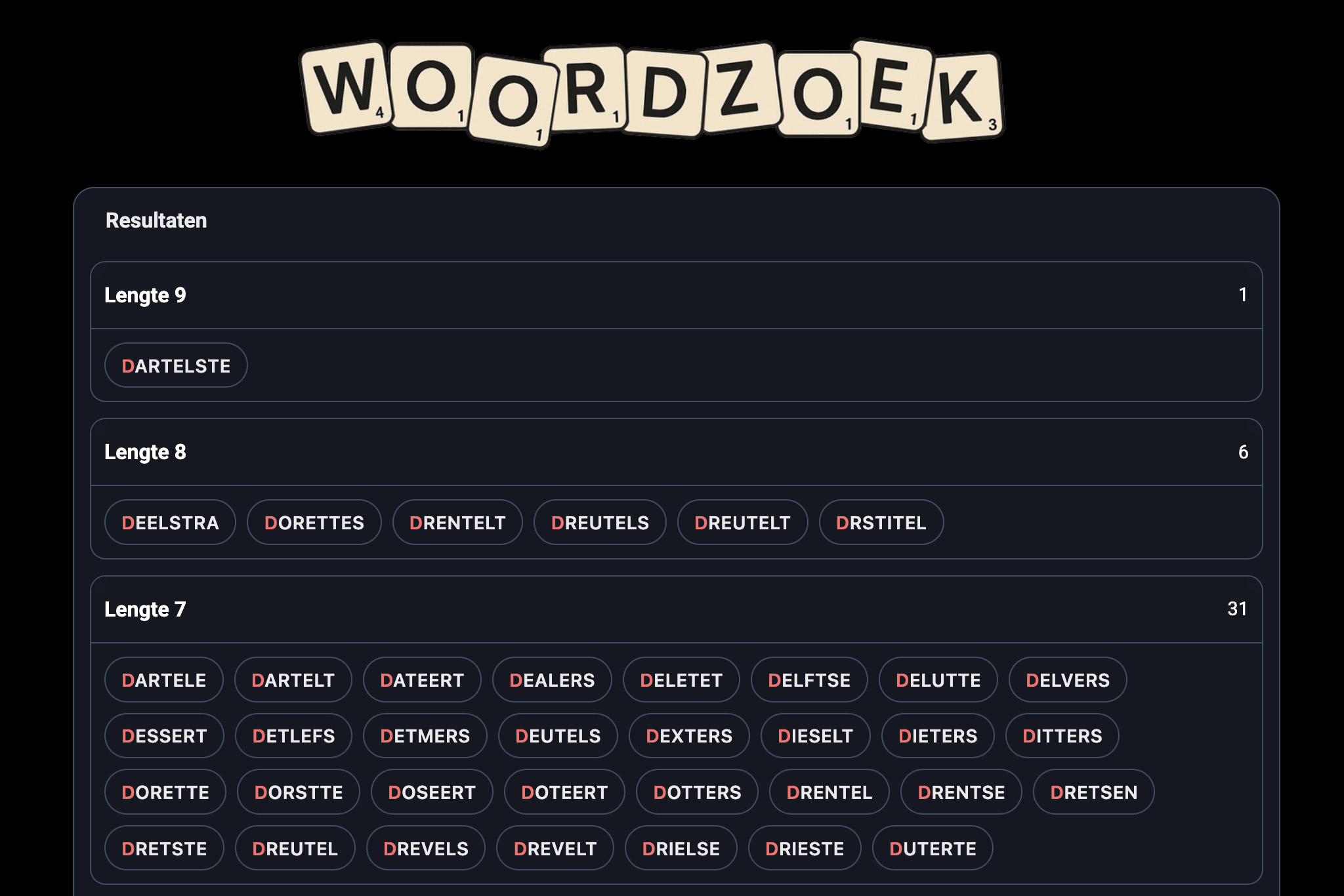 Overzicht met gevonden woorden in Woordzoek.nl met rode bordletters gemarkeerd.